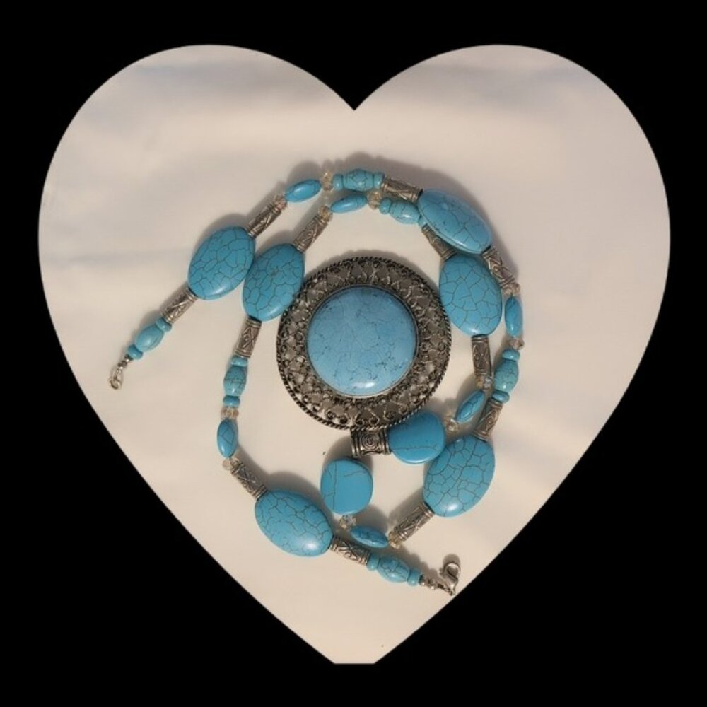 Turquoise & Silver Statement Necklace With Large Oval Pendant Beaded Design Wome - Picture 1 of 5